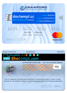 Netherlands (Holland) Crawford Technologies bank mastercard, fully editable template in PSD format