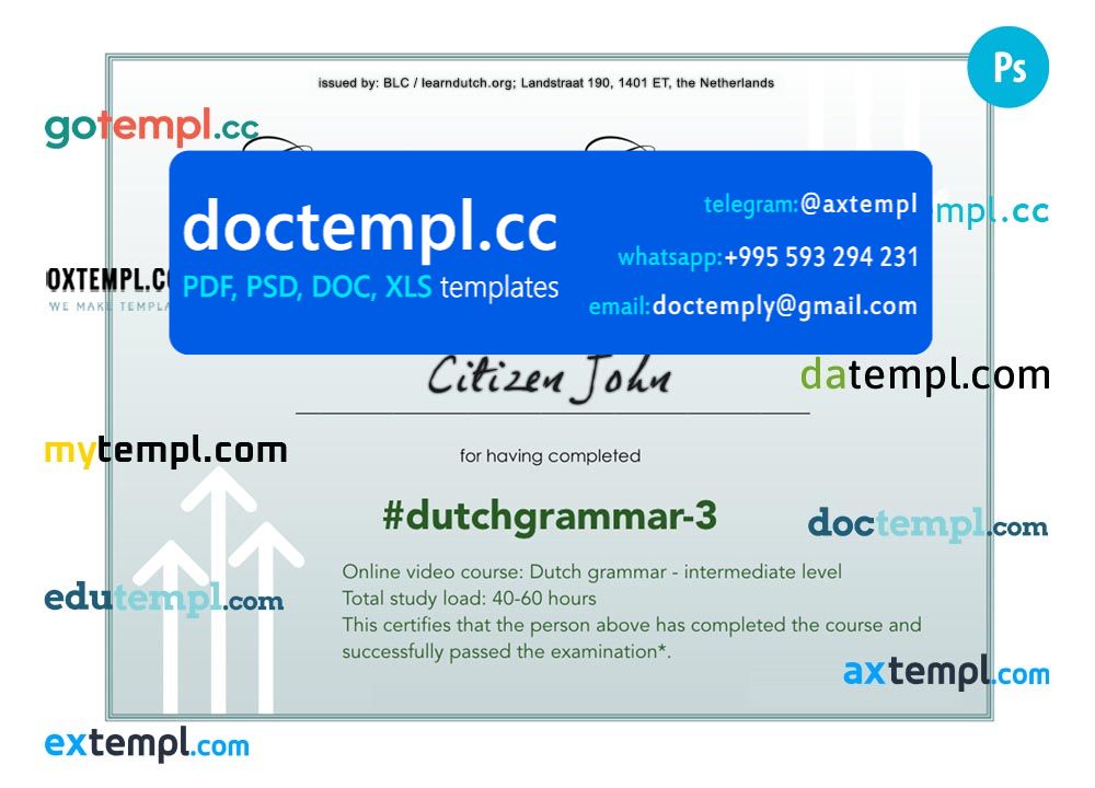 Netherlands language grammar certificate of completion PSD template ...