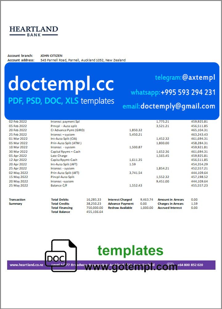 New Zealand Heartland bank statement template in Word and PDF format