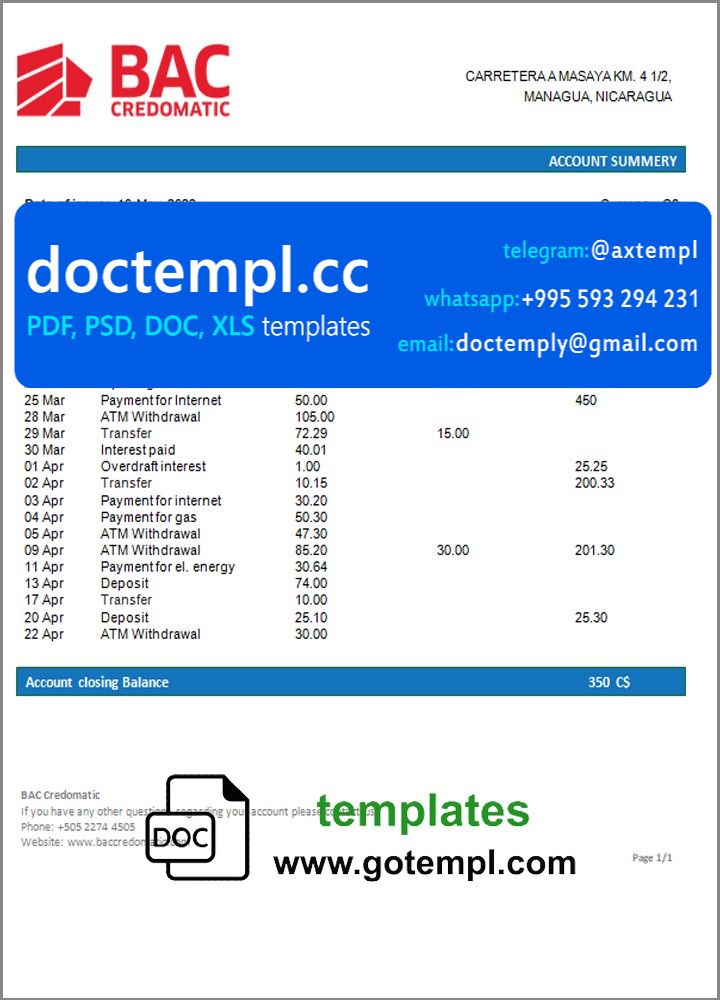 Nicaragua BAC Credomatic bank statement template in Word and PDF format