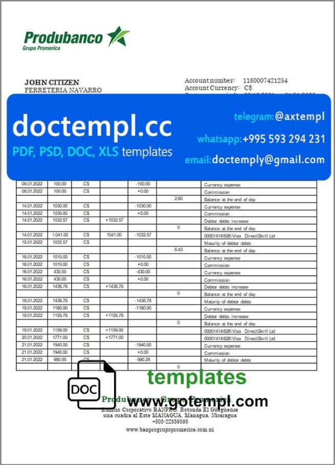 Nicaragua Banco de la Producción bank statement template in Word and PDF format