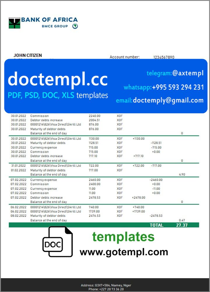 Niger Bank of Africa bank statement template in Word and PDF format
