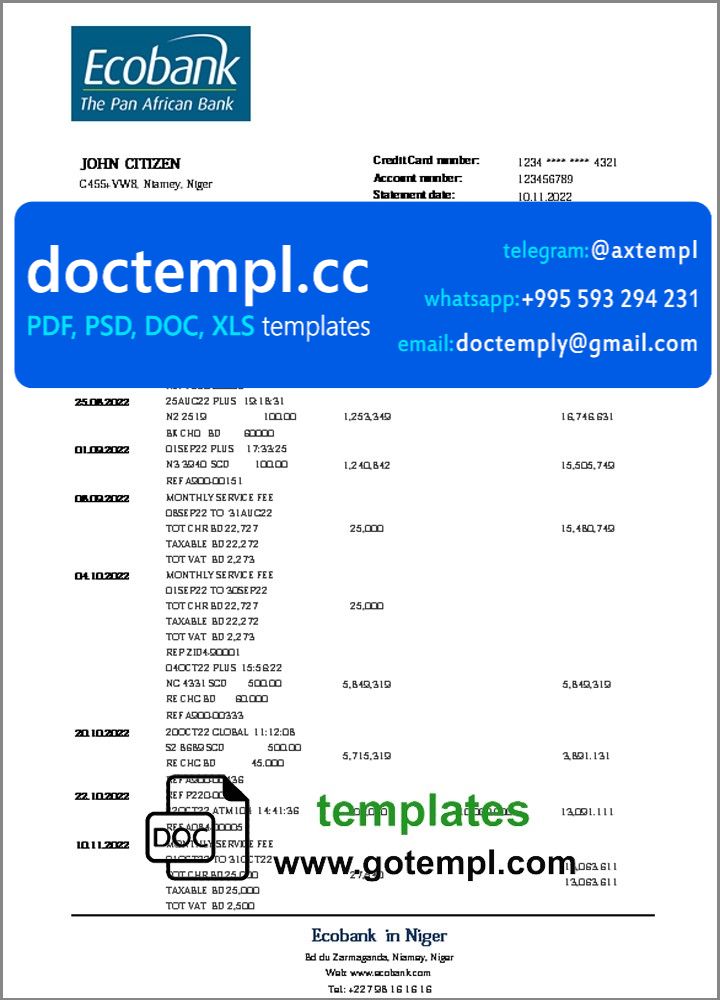 Niger Ecobank bank statement template in Word and PDF format