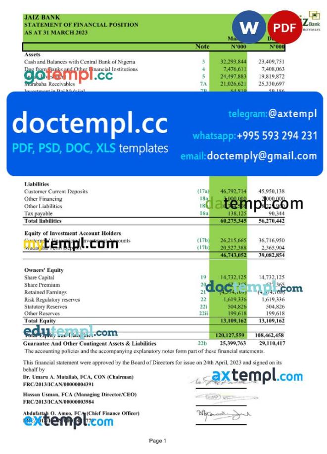 Nigeria Jaiz bank statement Word and PDF template