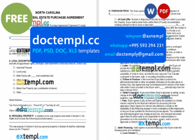 North Carolina commercial real estate purchase agreement template, Word and PDF format