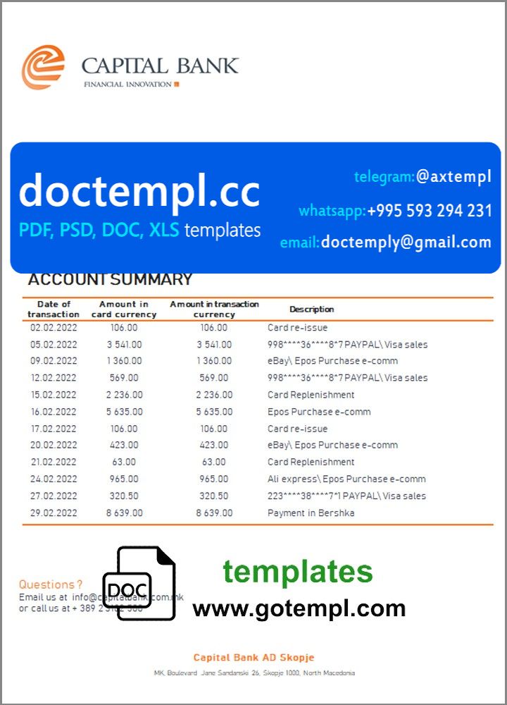 North Macedonia Capital Bank bank statement template in Word and PDF format