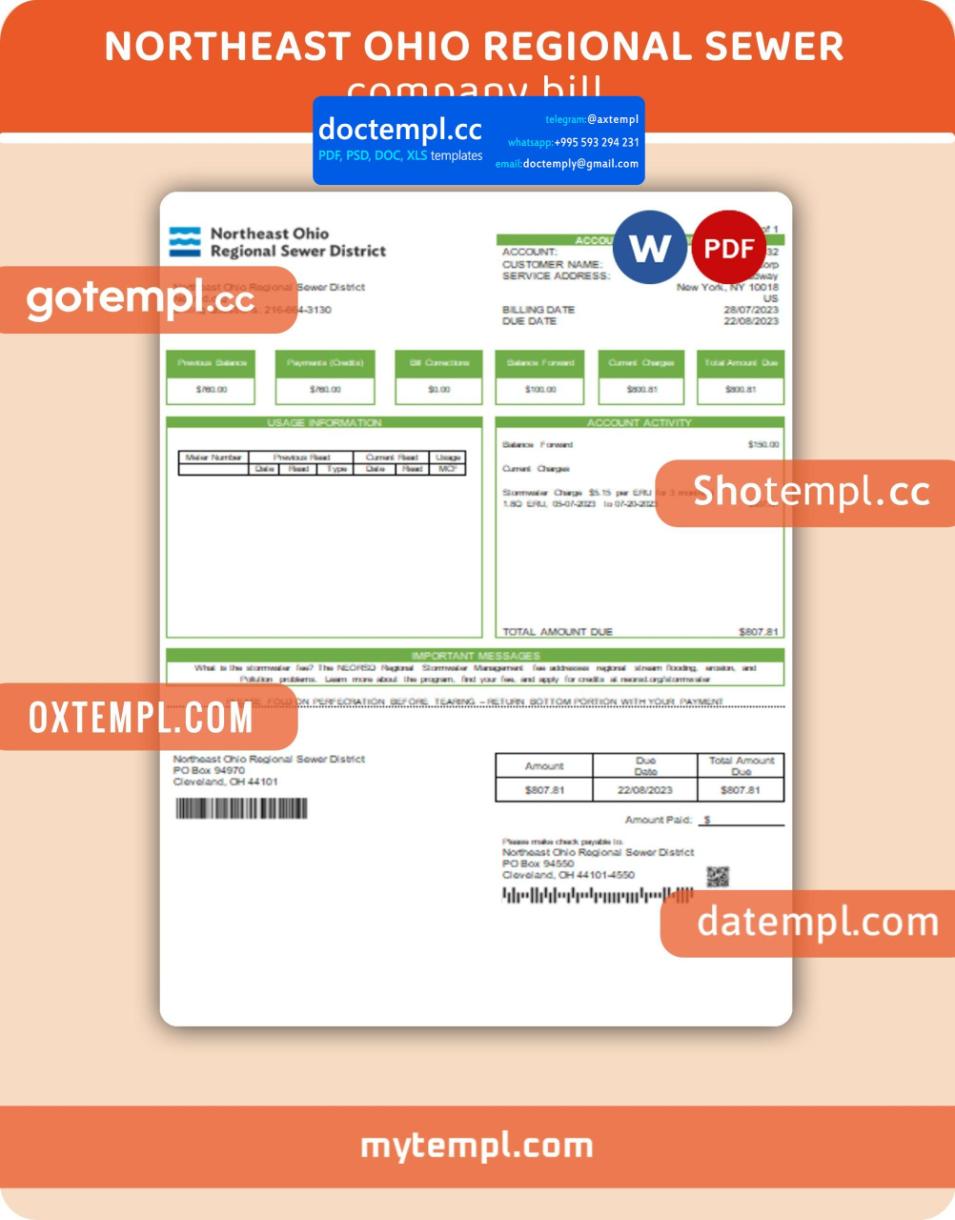 Northeast Ohio Regional Sewer Districtutility business utility bill, Word and PDF template
