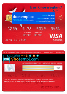 Norway bank Norwegian AS bank visa classic card, fully editable template in PSD format