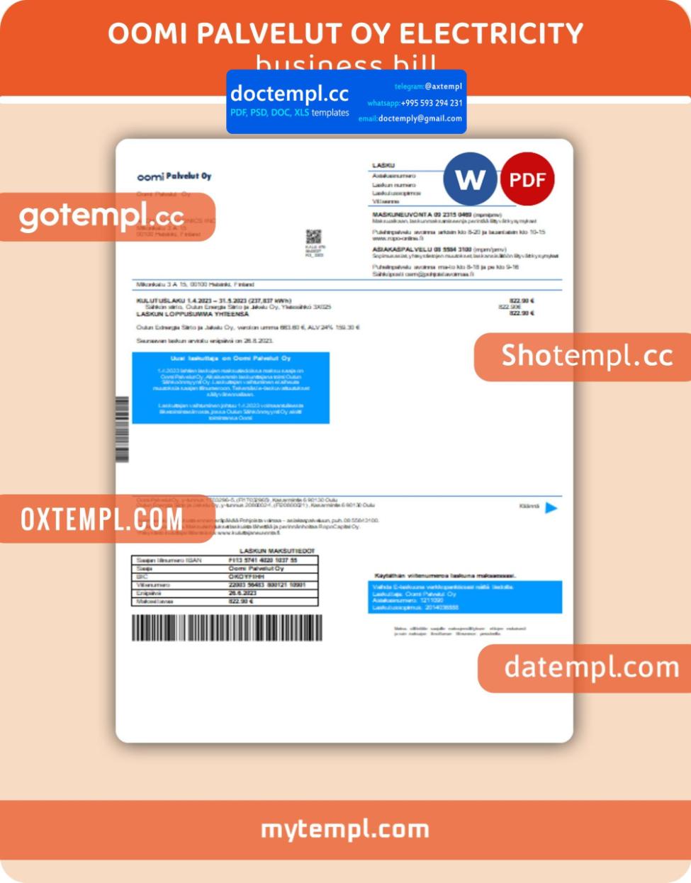 Oomi Palvelut Oy electricity business utility bill,PDF and WORD template