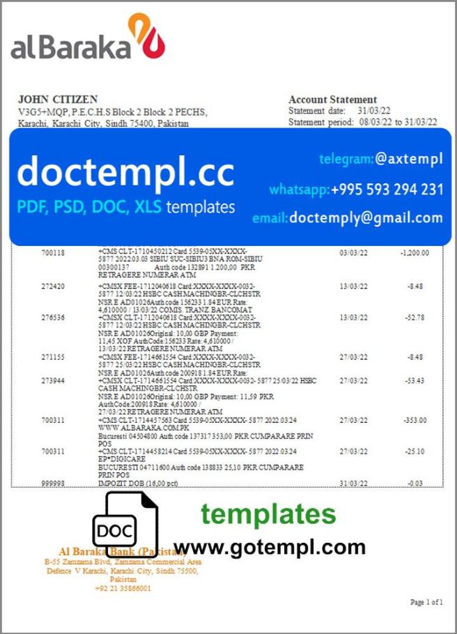 Pakistan Al Baraka bank statement template in Word and PDF format