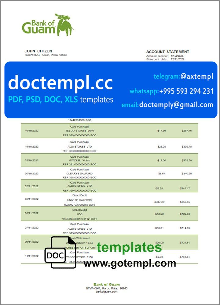Palau Bank of Guam bank statement template in Word and PDF format