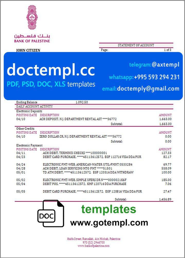 Palestine Bank of Palestine bank statement template in Word and PDF format