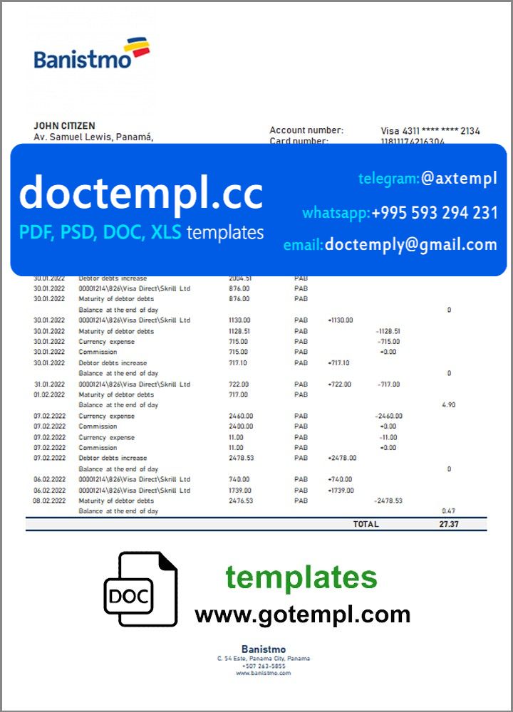 Panama Banistmo bank statement template in Word and PDF format