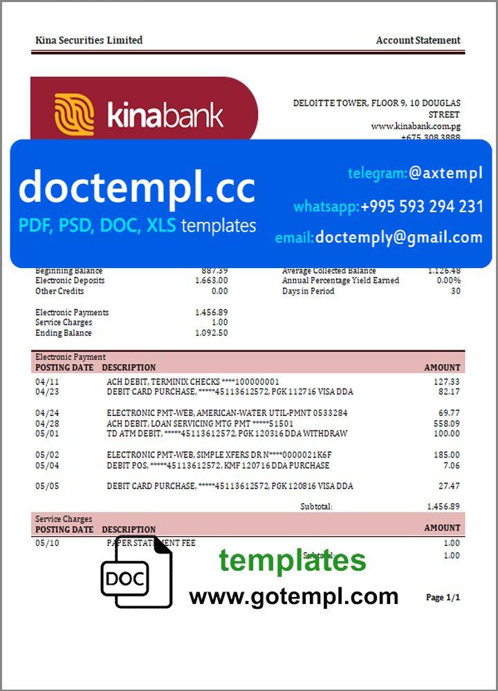 Papua New Guinea Kina Securities Limites bank statement template in Word and PDF format