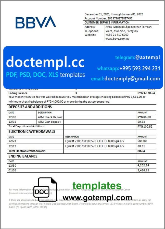 Paraguay BBVA bank statement template in Word and PDF format
