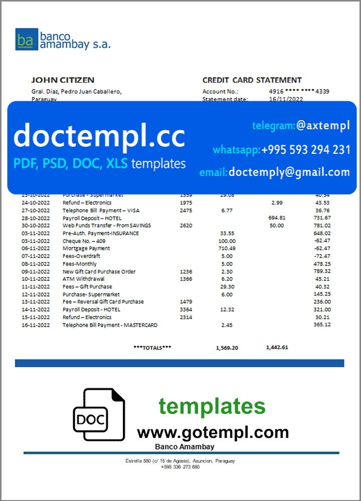 Paraguay Banco Amambay bank statement template in Word and PDF format