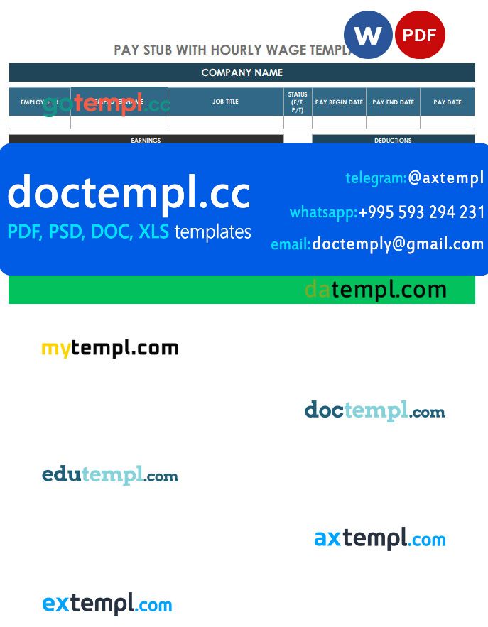Hourly wage paystub Word and PDF template, version 2