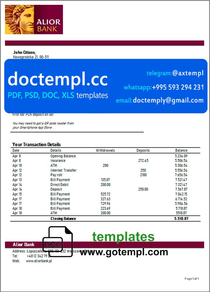 Poland Alior bank statement template in Word and PDF format