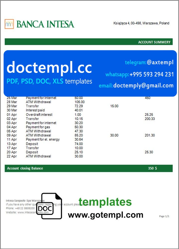 Poland Banca Intesa bank statement template in Word and PDF format