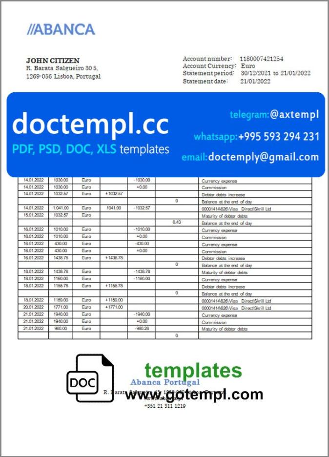 Portugal Abanca bank statement in Word and PDF format