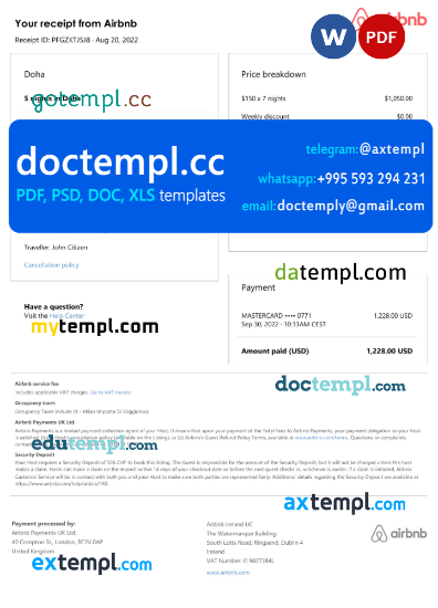 Qatar Airbnb booking confirmation Word and PDF template