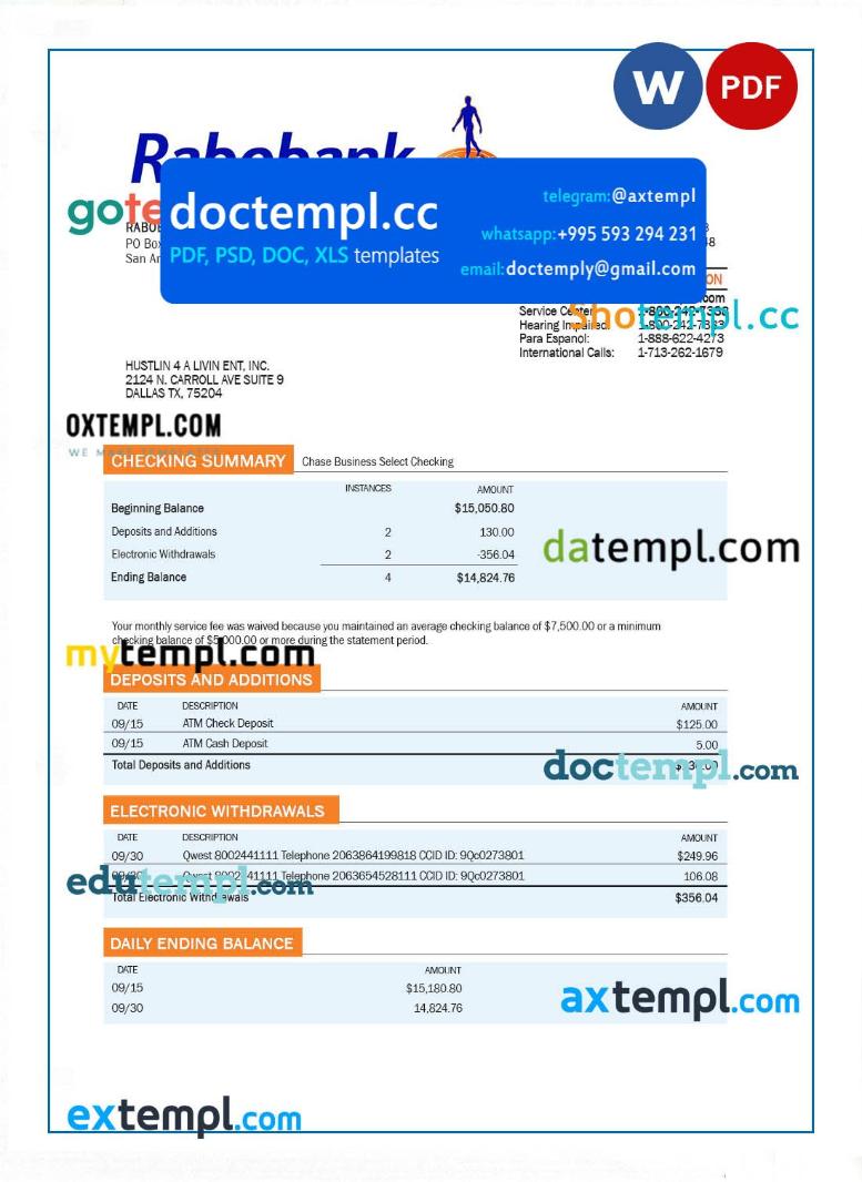 Rabobank bank organization account statement Word and PDF template
