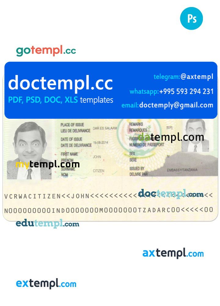 Rwanda travel visa PSD template, fully editable