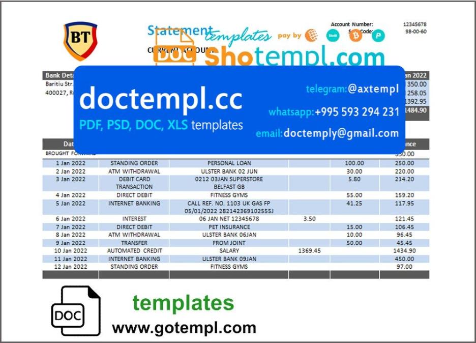 Romania Banca Transilvania bank statement template in Word and PDF format, version 2