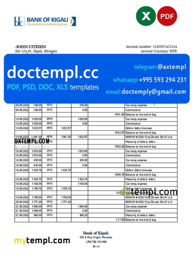 Rwanda Bank of Kigali bank statement, Excel and PDF template