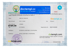 Rwanda vital record death certificate PSD template, fully editable