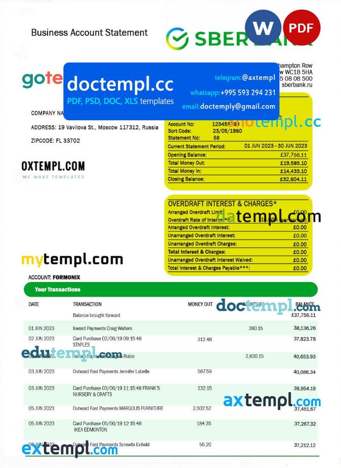 Sberbank Bank enterprise checking account statement Word and PDF template