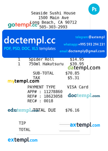 SEASIDE SUSHI HOUSE payment receipt PSD template