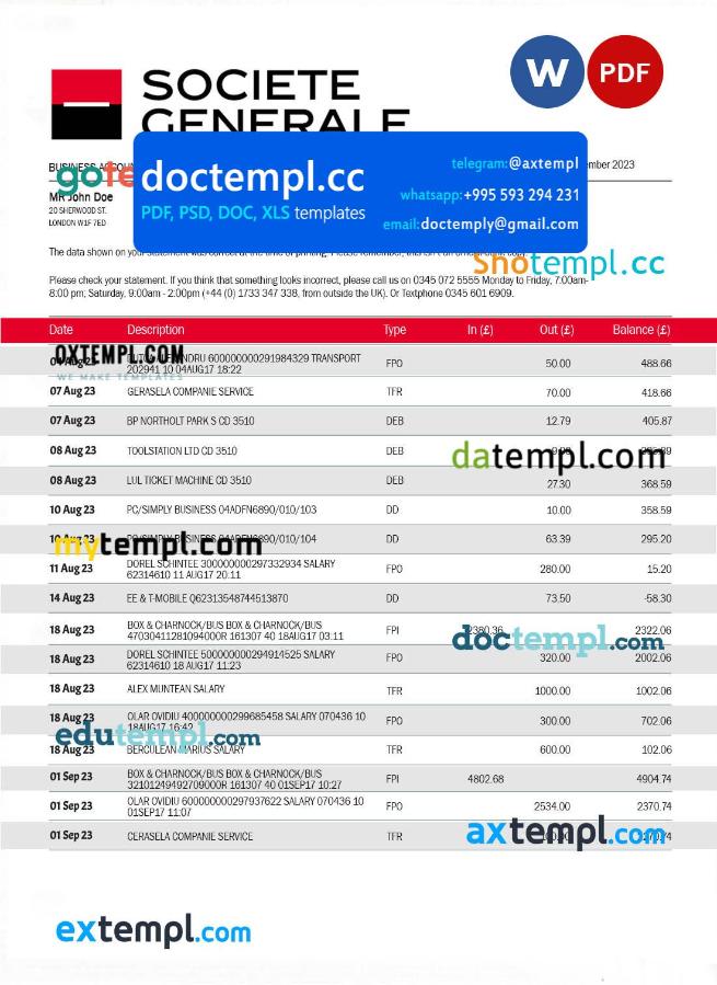 Societe Generale Bank firm account statement Word and PDF template