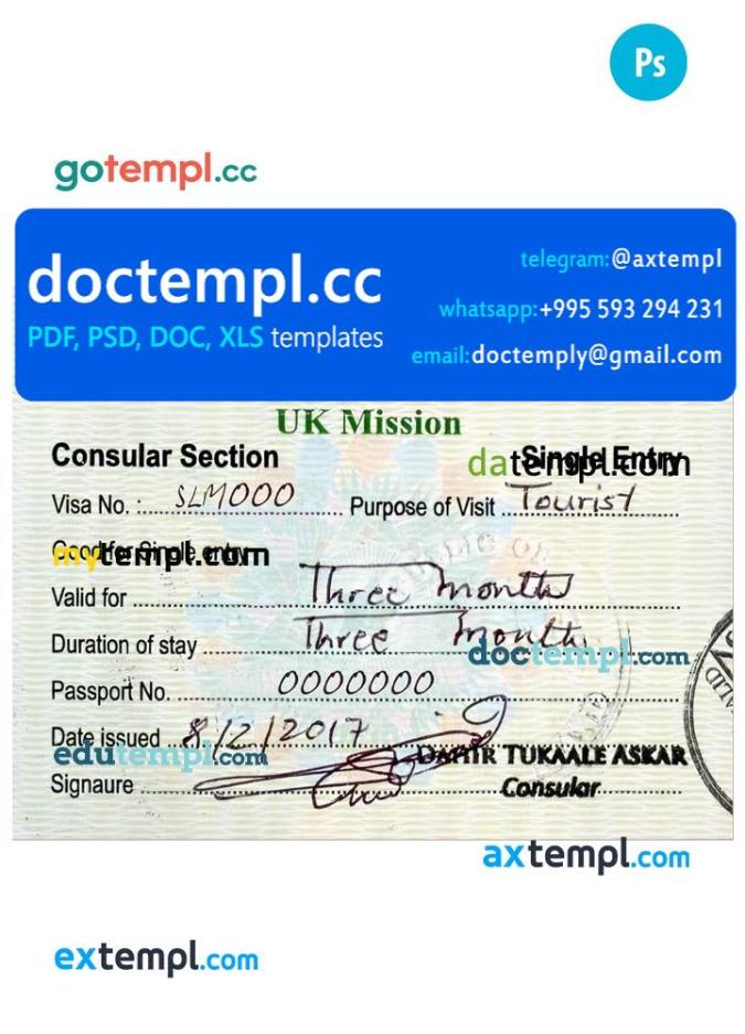 Somaliland travel visa PSD template, with fonts