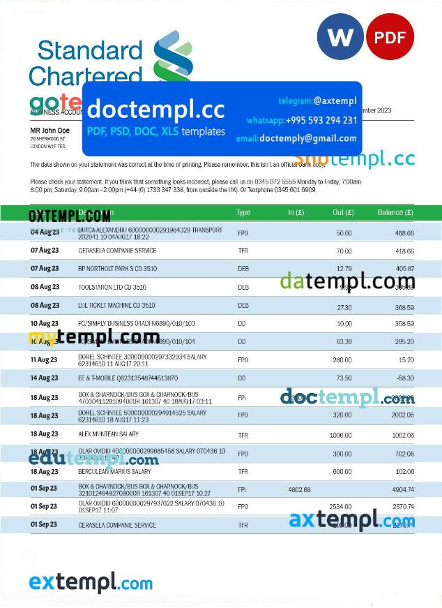 Standard Chartered bank company account statement Word and PDF template
