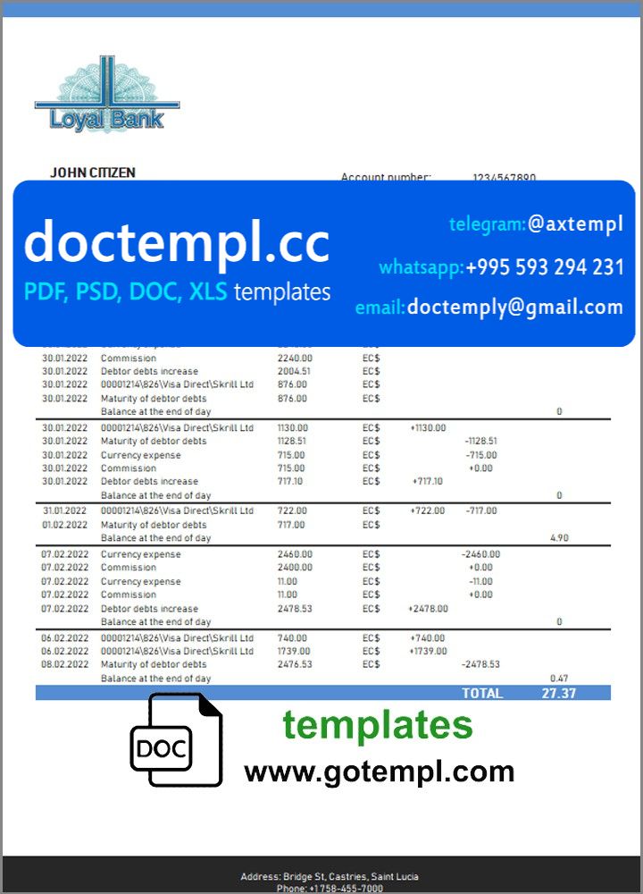 Saint Lucia Loyal Bank bank proof of address statement template in Word and PDF format