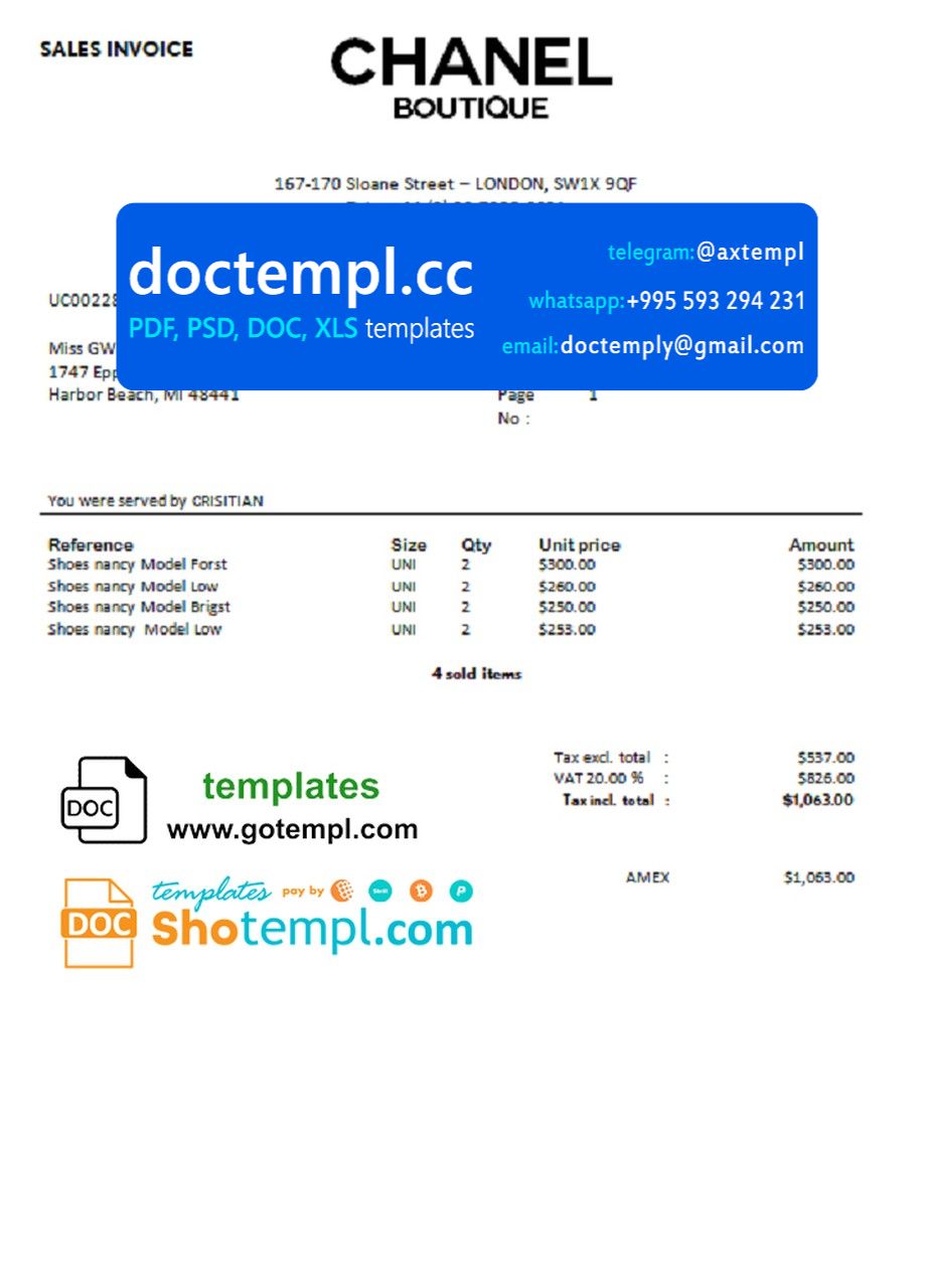 Sales Invoice Chanel Boutique template in Word format