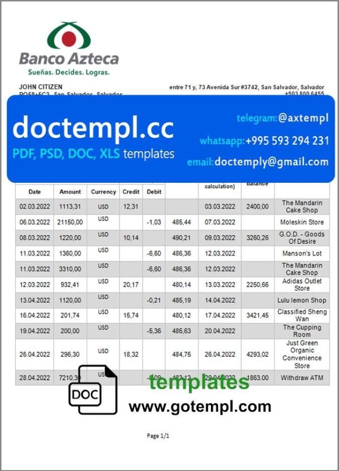 Salvador Banco Azteca bank statement template in Word and PDF format