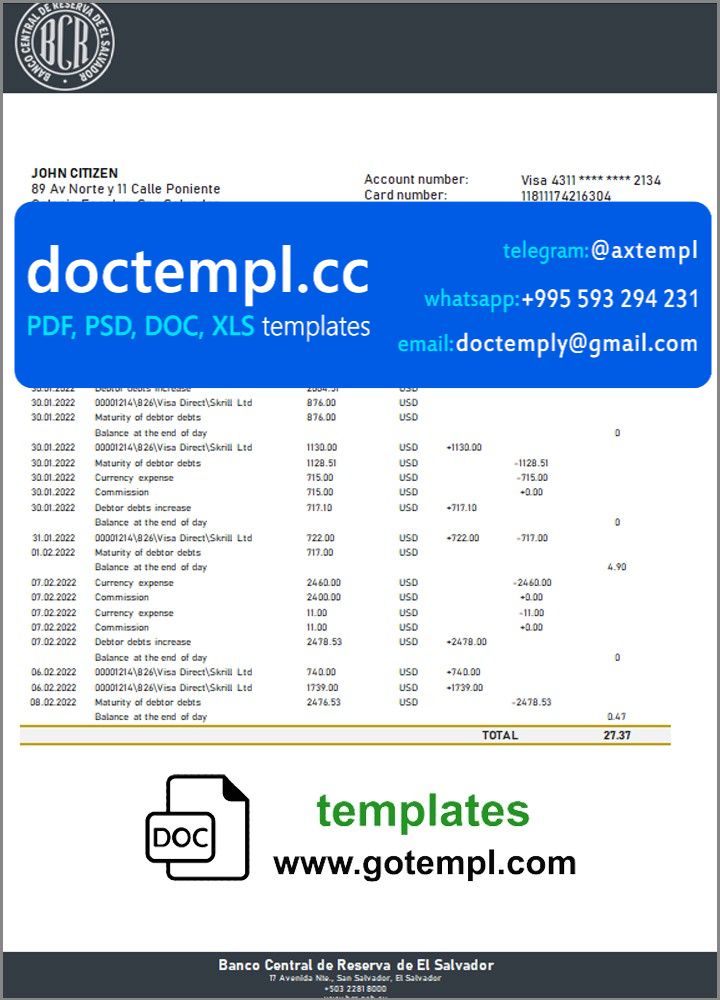 Salvador Banco Central de Reserva de El Salvador bank statement template in Word and PDF format