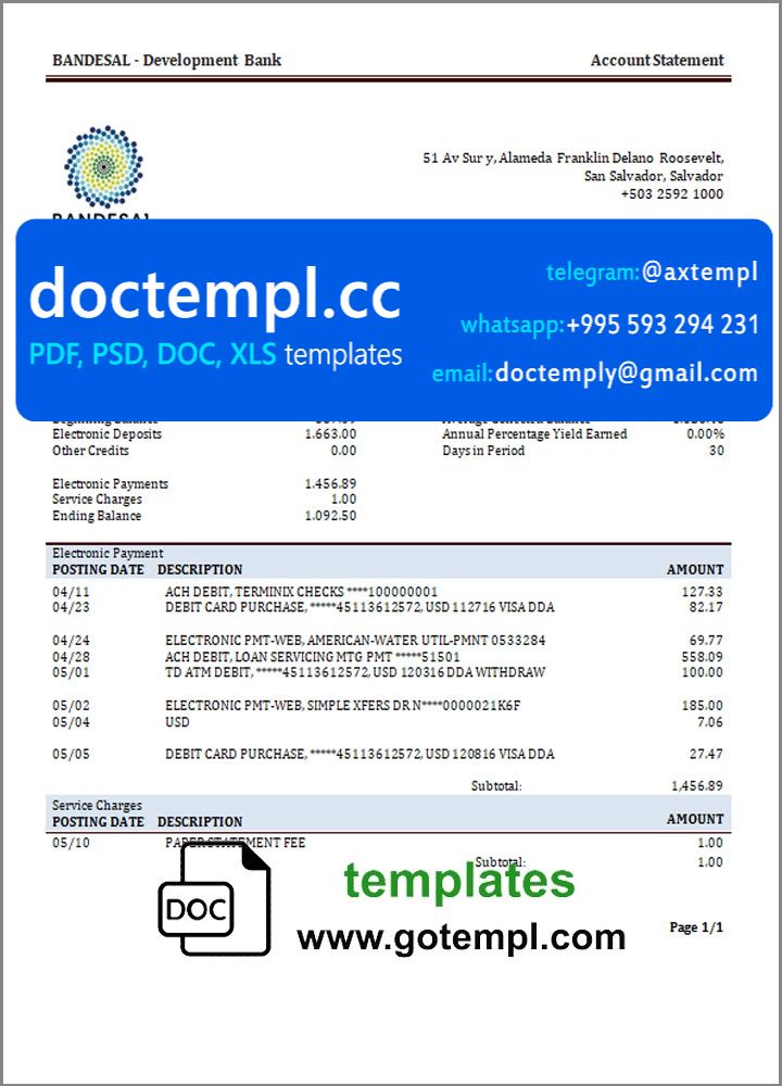 Salvador Bandesal bank statement template in Word and PDF format