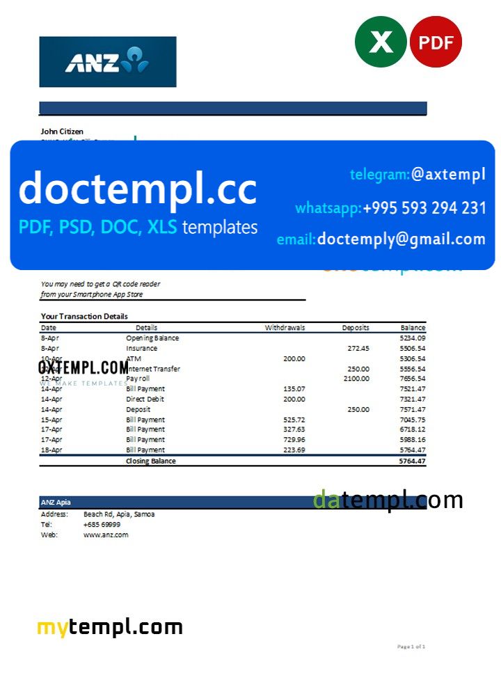 Samoa ANZ bank statement, Excel and PDF template