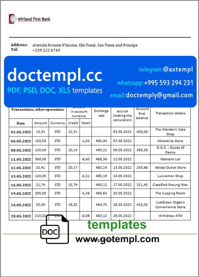 Sao Tome and Principe Afriland First Bank bank statement template in Word and PDF format