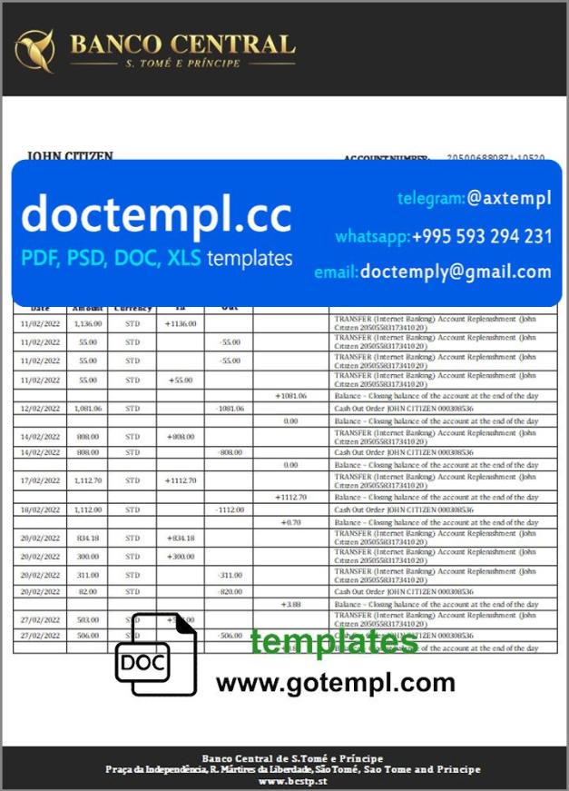 Sao Tome and Principe Banco Central de S.Tome e Principe bank statement template in Word and PDF format