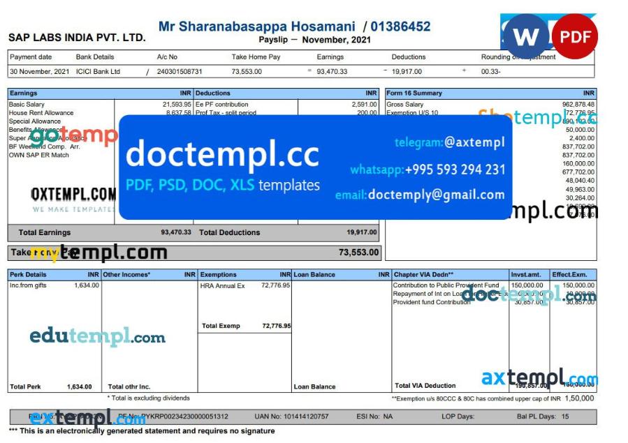 Sap Labs Payslip Word and PDF template