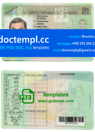Tanzania driving license template in PSD format, with fonts