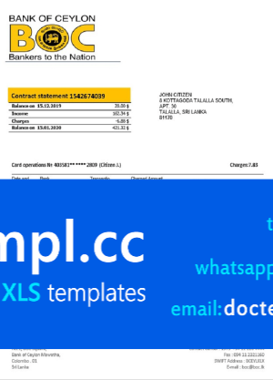 Sri Lanka Bank of Ceylon bank statement template in Word and PDF format, good for address prove