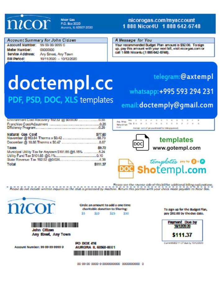 USA Illinois Nicor gas utility bill template in Word and PDF format