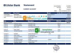 Republic of Ireland Ulster Bank statement easy to fill template in Excel and PDF format