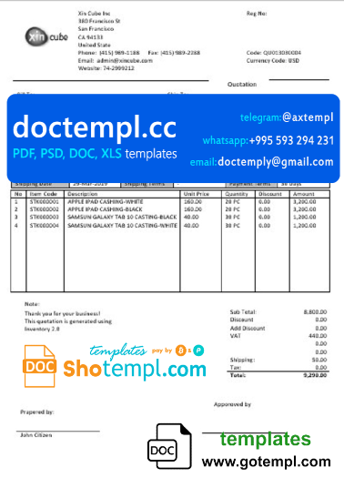 USA San Francisco Xincube utility bill template in Word and PDF format