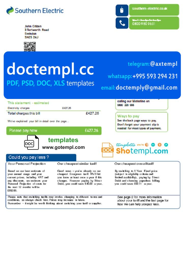 United Kingdom SSE Energy utility bill template in Word and PDF format, version 3